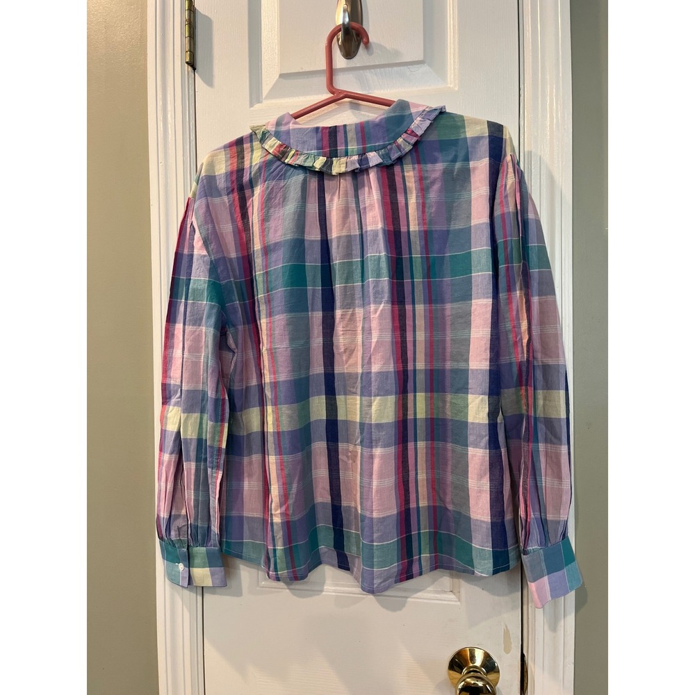 Polo Ralph Lauren Plaid Ruffle Collar Blouse Pink Blue Purple Cotton Top S b7 - Picture 4 of 7
